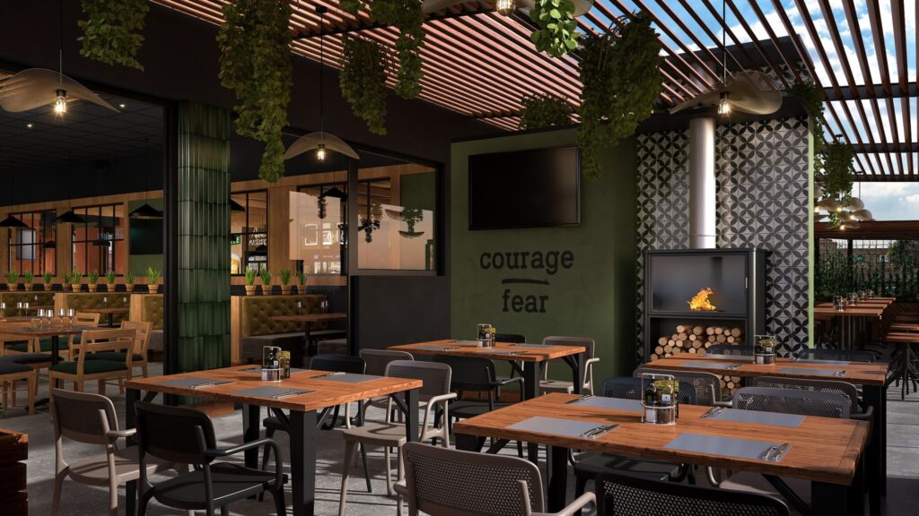A detailed rendering of a restaurant interior showcasing elegant decor, seating arrangements, and ambient lighting.